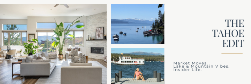 Background image of Tahoe Luxe Life market report featuring Lake Tahoe luxury real estate, lakefront homes, golf communities, and market trends.